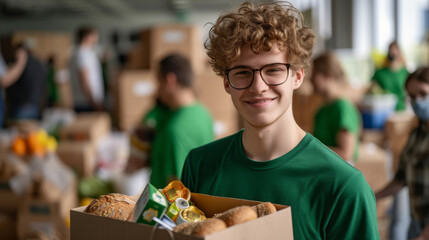 Wall Mural - A young person in a green shirt and eyeglasses is smiling at the camera while holding a box filled with various food items, suggesting a food donation or charity event