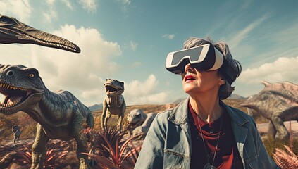 Wall Mural - Immerse yourself in a virtual adventure as someone dons a headset, experiencing the presence of real dinosaurs.