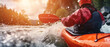 An exhilarating kayaking adventure, paddling vigorously through the splashing river rapids