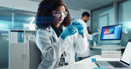 Aufkleber - Woman, scientist or blood vial for testing in laboratory, healthcare or pathology to label on test tube. Biotechnology, pharmaceutical and laptop by doctor and online scientific results in phlebotomy