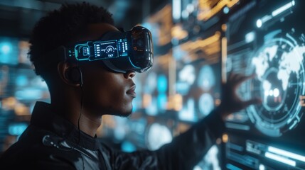 Poster - Young man using VR goggles