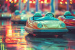 A snapshot of bumper cars, with retro vintage stylized, conveying emotion of cinematography...