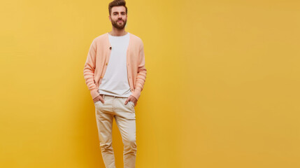 Sticker - smiling man is standing with his hands in his pockets, wearing a peach cardigan, white shirt, beige trousers, and white sneakers against a yellow background