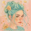 girl in shades of mint and gold with flowers illustration.