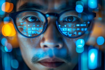 Fototapete - Asian man working in office with reflection in glasses