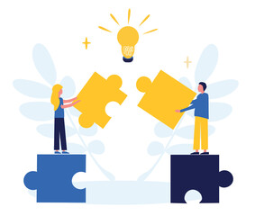 Wall Mural - Business concept. Team metaphor. People connect puzzle elements. Flat illustration in flat design style. Teamwork, collaboration, partnership. Businessmen working together and moving towards success.