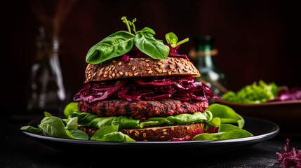 Wall Mural - Healthy vegan beetroot burgers with red cabbage and lettuce, dark background, close-up 