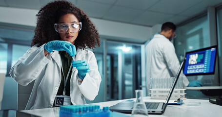 Poster - Woman, scientist or blood vial for testing in laboratory, healthcare or pathology to label on test tube. Biotechnology, pharmaceutical and laptop by doctor and online scientific results in phlebotomy