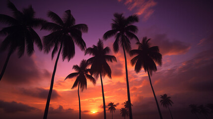 Canvas Print - palm trees silhouetted against a vibrant sunset. 