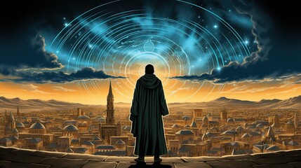 a robed person in robe stands in front of cityscape with a starry sky