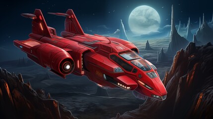 Wall Mural - a red spaceship flying over an alien planet