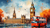 Fototapeta Londyn - a picture on canvas of a bus on the street of a London