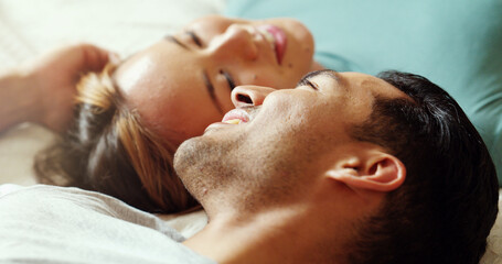 Poster - Couple in bed talking, happy and conversation in the morning. Love, dating and multicultural man and woman speaking, bonding and have a discussion in bedroom. People in a relationship laying together