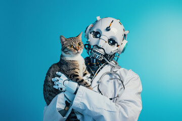 A heartwarming studio photo of a cheerful robot doctor holding a cat against a vibrant blue backdrop