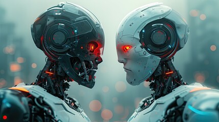 Two humanoid robots with one featuring blue and the other red lights.