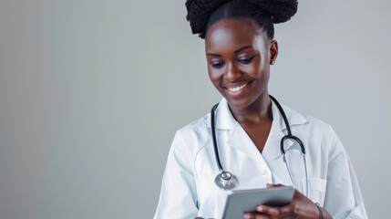 Poster - woman in a white lab coat with a stethoscope around her neck, looking down and smiling at a tablet she is holding