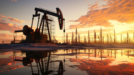 Oil field, oil pumps work in the evening. Oil pump and beautiful sunset reflected in the water, silhouette of a beam pumping plant in the evening.