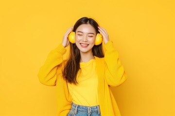 Sticker - Smiling Asian Cheerful Young Woman Enjoy Carefree Music Headphones Freedom Lifestyle, On Yellow Background Full Body