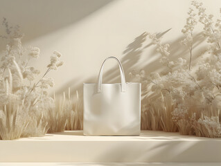  mockup of cotoon tote bag in white, with flower, with daylight,