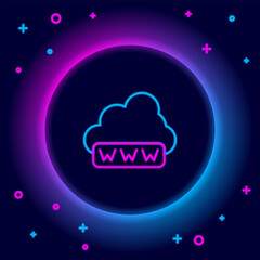 Sticker - Glowing neon line Software, web development, programming concept icon isolated on black background. Programming language and program code on screen laptop. Colorful outline concept. Vector