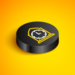 Poster - isometric line clock icon isolated on yellow background. time symbol. black circle button. vector