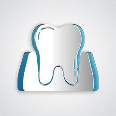 Poster - Paper cut Tooth icon isolated on grey background. Tooth symbol for dentistry clinic or dentist medical center and toothpaste package. Paper art style. Vector