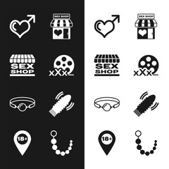 Canvas Print - Set Film reel with Sex, shop building, Male gender and heart, Silicone ball gag, Dildo vibrator for sex games, Anal beads and Location 18 plus icon. Vector