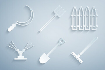 Wall Mural - Set Garden shovel, fence, Automatic irrigation sprinklers, rake, pitchfork and Sickle icon. Vector