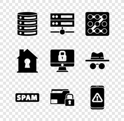 Poster - Set Server, Data, Web Hosting, Graphic password protection, Spam, Folder and lock, Mobile with exclamation mark, House under and Lock computer monitor icon. Vector
