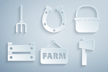 Wall Mural - Set Signboard with text Farm, Basket, Wooden box, axe, Horseshoe and Garden pitchfork icon. Vector