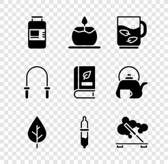 Canvas Print - Set Collagen serum, Aroma candle, Cup of tea leaf, Leaf, Pipette, Scented spa stick, Jump rope and Medical book icon. Vector