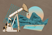 Funky Collage With Industrial Oil Rig. Art Poster, Template Concept Design Or Zine Cover. Pump Jack.