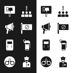 Canvas Print - Set Protest, Megaphone, Crowd protest, Police assault shield, Hand grenade, officer and Handcuffs icon. Vector