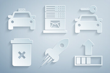 Poster - set rocket ship with fire, car rental, trash can, loading, mail server and taxi car icon. vector
