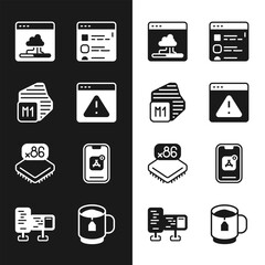 Poster - Set Browser with exclamation mark, Processor, Cloud technology data transfer, files, microcircuits CPU, Mobile Apps, Cup of tea tea bag and Computer monitor screen icon. Vector