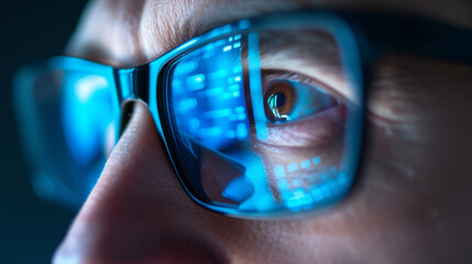 Wall Mural - a close-up view of an eye seen through a pair of glasses reflecting blue digital data and graphs, suggesting a theme of technology and analytics