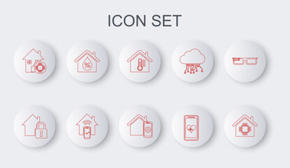 Poster - set line smart home, house under protection, temperature, mobile with heart rate, humidity, remote c