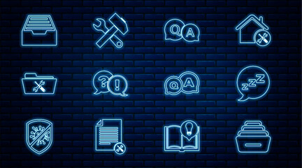 Poster - set line drawer with documents, speech bubble snoring, question and answer, exclamation, folder serv