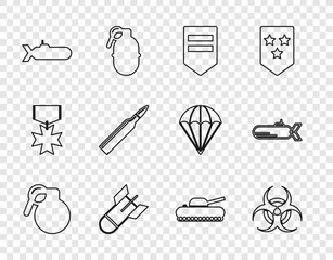 Canvas Print - Set line Hand grenade, Biohazard symbol, Chevron, Aviation bomb, Submarine, Bullet, Military tank and icon. Vector