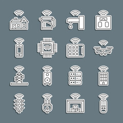 Poster - Set line Smart remote control, home with wireless, drone, water tap, Processor microcircuits CPU, Wireless smartphone, and tablet icon. Vector