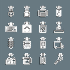 Poster - set line wireless microphone, smart truck, security camera, printer, bathroom scales, keyboard, elec