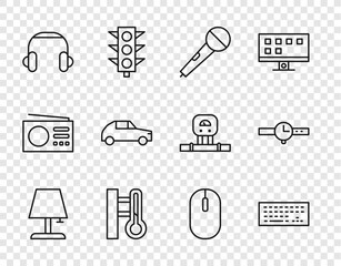 Poster - Set line Table lamp, Keyboard, Microphone, Meteorology thermometer, Headphones, Car, Computer mouse and Wrist watch icon. Vector