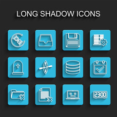 Poster - Set line Delete folder, file document, Waiting, Dead laptop, Digital alarm clock, Kayak and paddle, Calendar with check mark and Database icon. Vector