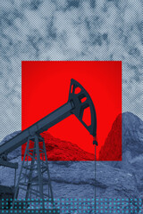 Wall Mural - Funky collage with industrial oil rig. Art poster, template concept design or zine cover. Pump Jack.