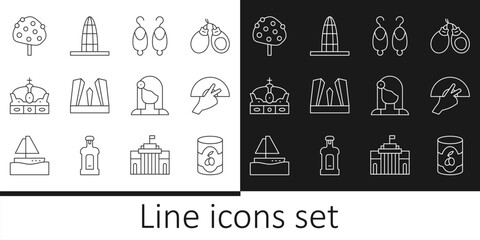 Sticker - Set line Olives in can, Fan flamenco, Earrings, Gate of Europe, Crown spain, Orange tree, Spanish woman and Agbar tower icon. Vector