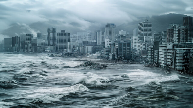 津波の被害を受ける都市