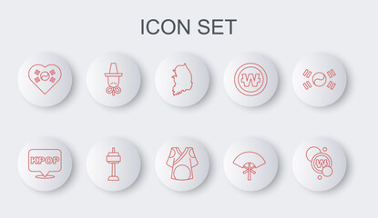 Sticker - Set line South Korean won coin, K-pop, map, Traditional fan, Love with heart, hat, N Seoul tower and Kimono icon. Vector