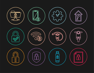 Poster - Set line Document and lock, Scooter, Time Management, Wifi locked, Lock check mark, FTP folder, Electric scooter and Smartphone with icon. Vector
