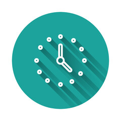 Poster - White line Clock icon isolated with long shadow. Time symbol. Green circle button. Vector