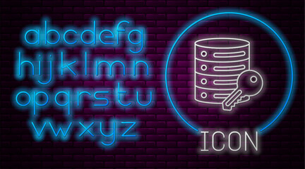 Fototapete - Glowing neon line Server security with key icon isolated on brick wall background. Security, safety, protection concept. Neon light alphabet. Vector